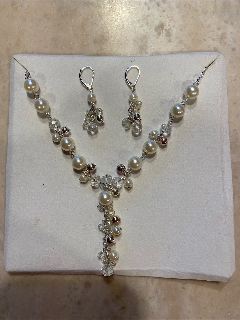 Avon Silver-Tone Pearl and Crystal Drop Necklace & Earrings - White